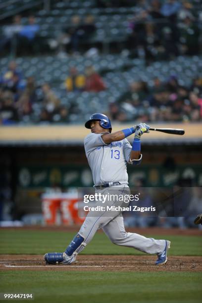 Salvador Perez of the Kansas City Royals bats during the game against the Oakland Athletics at the Oakland Alameda Coliseum on June 7, 2018 in...