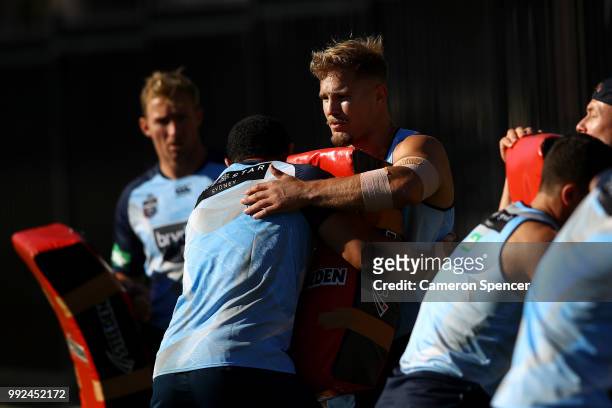 Jack de Belin of the Blues perfroms a drill during a New South Wales Blues State of Origin training session at Coogee Oval on July 6, 2018 in Sydney,...