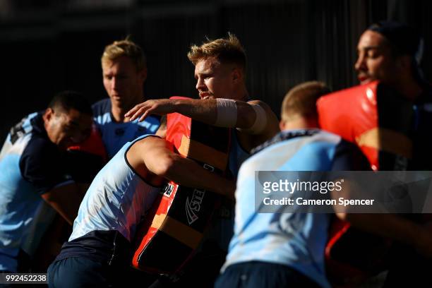 Jack de Belin of the Blues perfroms a drill during a New South Wales Blues State of Origin training session at Coogee Oval on July 6, 2018 in Sydney,...
