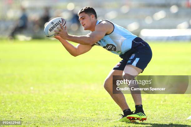 Nathan Cleary of the Blues catches the ball during a New South Wales Blues State of Origin training session at Coogee Oval on July 6, 2018 in Sydney,...
