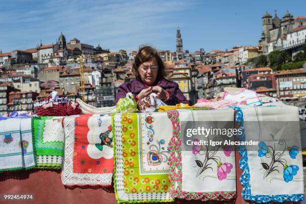 embroidery seller, porto, portugal - portuguese culture stock pictures, royalty-free photos & images