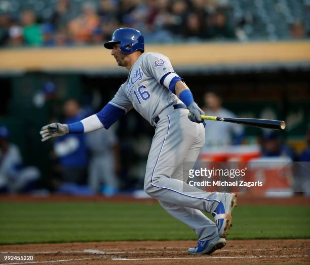 Paulo Orlando of the Kansas City Royals bats during the game against the Oakland Athletics at the Oakland Alameda Coliseum on June 7, 2018 in...