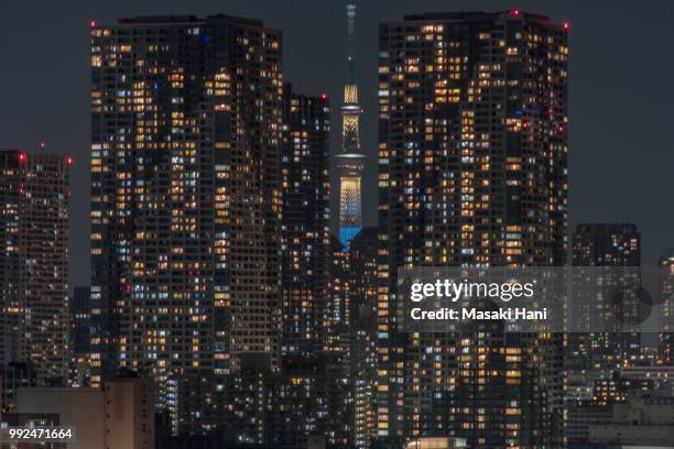 tokyo cityscape with tokyo sky tree visible - masaki stock pictures, royalty-free photos & images