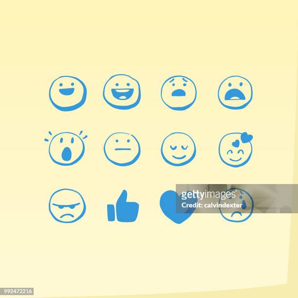 illustrazioni stock, clip art, cartoni animati e icone di tendenza di emoticon generali disegnate a mano su nota adesiva - tristezza