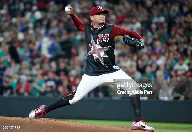 Felix Hernandez pitches against the Kansas City Royals in the first inning during their game at Safeco Field on June 30, 2018 in Seattle, Washington.