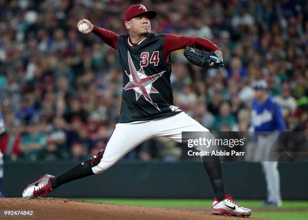 Felix Hernandez pitches against the Kansas City Royals in the first inning during their game at Safeco Field on June 30, 2018 in Seattle, Washington.