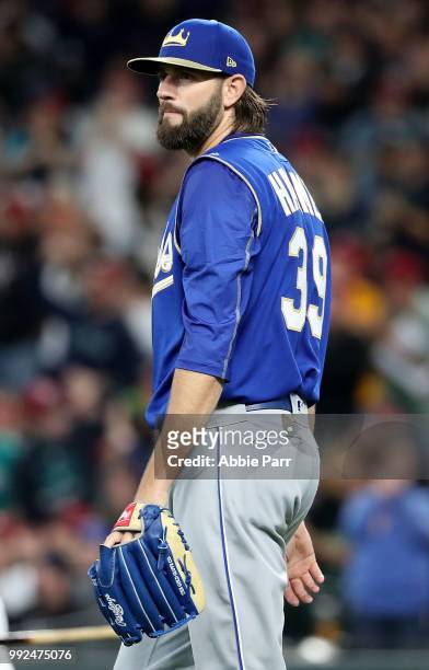 Jason Hammel reacts after giving up an RBI double to Mitch Haniger in the first inning during their game at Safeco Field on June 30, 2018 in Seattle,...