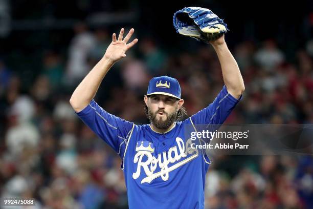 Jason Hammel of the Kansas City Royals reacts after giving up a two run home run to Ryon Healy of the Seattle Mariners in the second inning during...