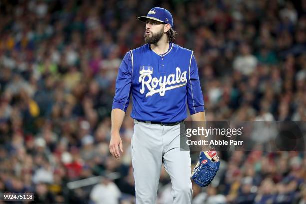 Jason Hammel of the Kansas City Royals reacts in the fourth inning against the Seattle Mariners during their game at Safeco Field on June 30, 2018 in...