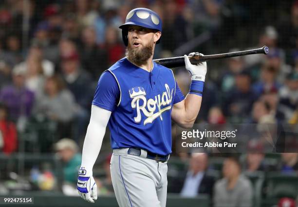 Alex Gordon of the Kansas City Royals reacts after striking out in the sixth inning against the Seattle Mariners during their game at Safeco Field on...
