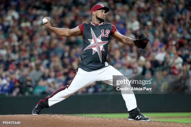 Juan Nicasio of the Seattle Mariners pitches against the Kansas City Royals in the seventh inning during their game at Safeco Field on June 30, 2018...