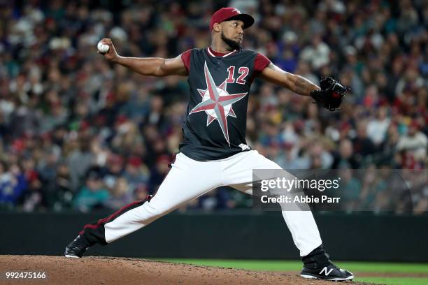 Juan Nicasio of the Seattle Mariners pitches against the Kansas City Royals in the seventh inning during their game at Safeco Field on June 30, 2018...