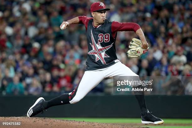 Edwin Diaz of the Seattle Mariners pitches against the Kansas City Royals in the ninth inning during their game at Safeco Field on June 30, 2018 in...
