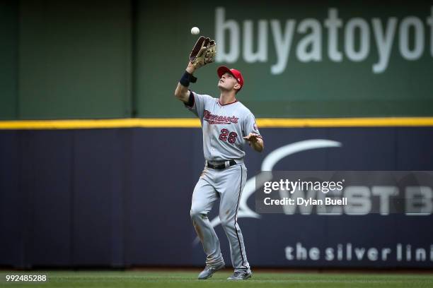 Max Kepler of the Minnesota Twins catches a fly ball in the second inning against the Milwaukee Brewers at Miller Park on July 3, 2018 in Milwaukee,...