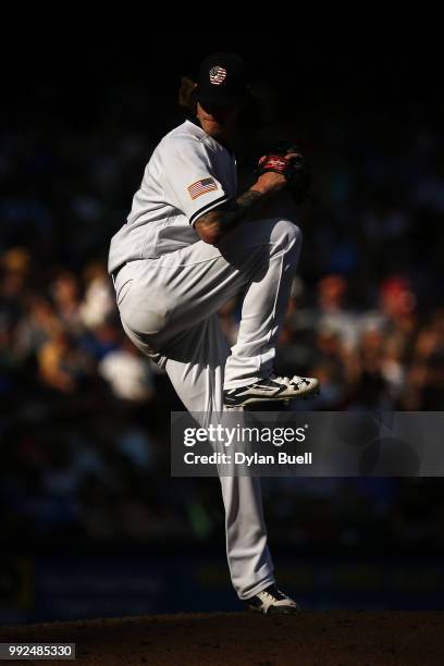 Josh Hader of the Milwaukee Brewers pitches in the seventh inning against the Minnesota Twins at Miller Park on July 3, 2018 in Milwaukee, Wisconsin.