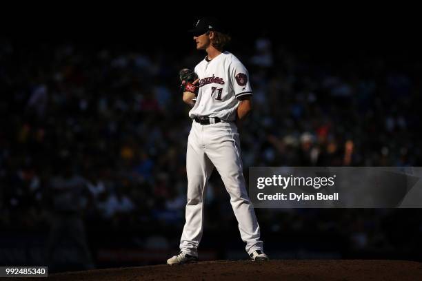 Josh Hader of the Milwaukee Brewers pitches in the eighth inning against the Minnesota Twins at Miller Park on July 3, 2018 in Milwaukee, Wisconsin.