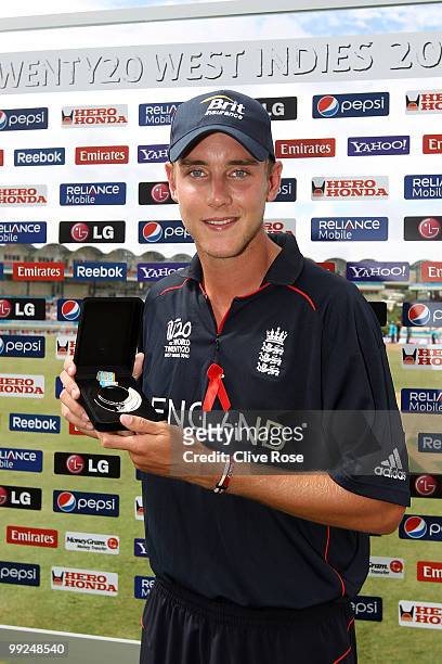 Stuart Broad of England poses with his man of the match trophy after the semi final of the ICC World Twenty20 between England and Sri Lanka at the...