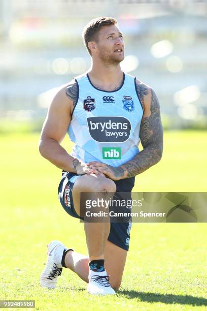 Tariq Sims of the Blues looks on during a New South Wales Blues State of Origin training session at Coogee Oval on July 6, 2018 in Sydney, Australia.