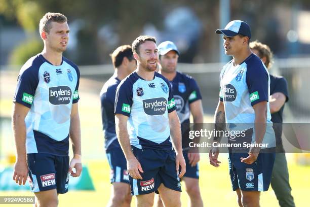 James Maloney of the Blues talks to team mates during a New South Wales Blues State of Origin training session at Coogee Oval on July 6, 2018 in...