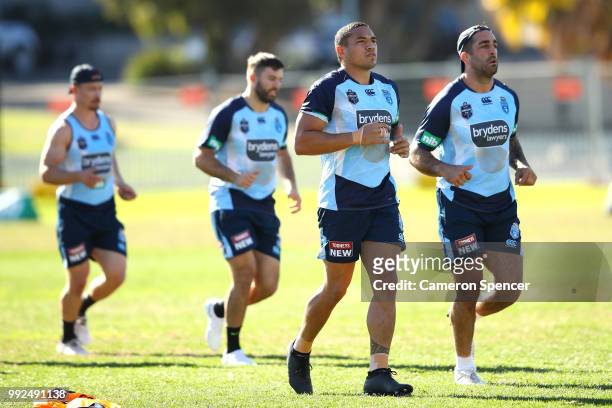 Tyson Frizell of the Blues warms up during a New South Wales Blues State of Origin training session at Coogee Oval on July 6, 2018 in Sydney,...