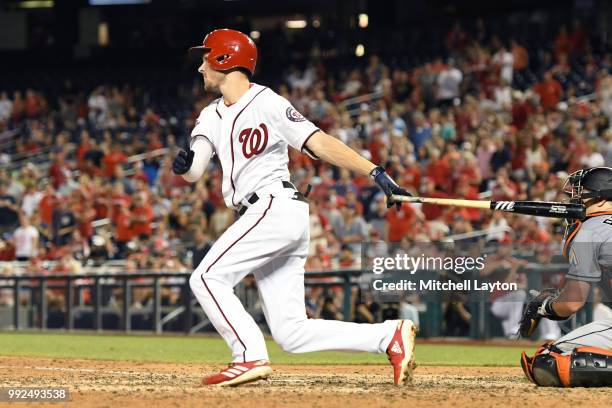 Trea Turner of the Washington Nationals hits grand slam home run in the sixth inning during a baseball game against the Miami Marlins at Nationals...