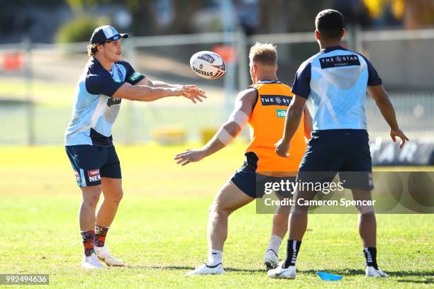 James Roberts of the Blues passes during a New South Wales Blues State of Origin training session at Coogee Oval on July 6, 2018 in Sydney, Australia.