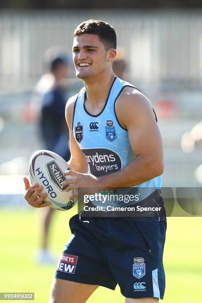 Nathan Cleary of the Blues looks on during a New South Wales Blues State of Origin training session at Coogee Oval on July 6, 2018 in Sydney,...