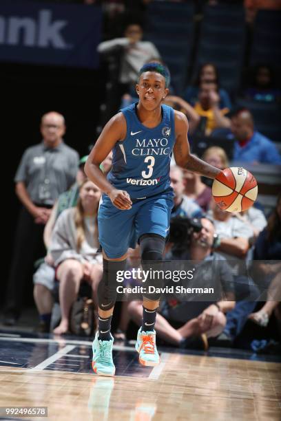 Danielle Robinson of the Minnesota Lynx handles the ball against the Los Angeles Sparks on July 5, 2018 at Target Center in Minneapolis, Minnesota....