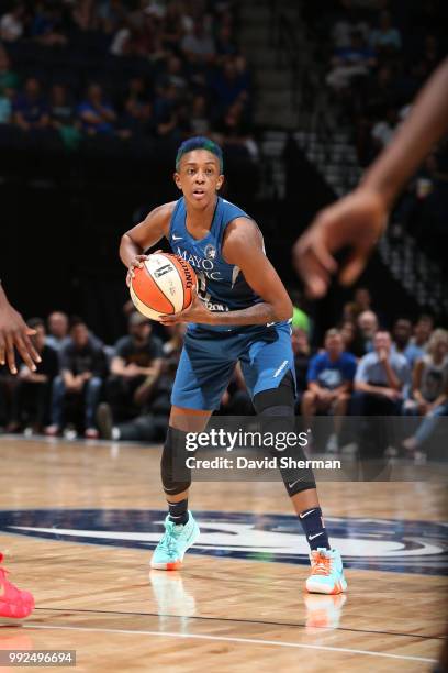 Danielle Robinson of the Minnesota Lynx handles the ball against the Los Angeles Sparks on July 5, 2018 at Target Center in Minneapolis, Minnesota....