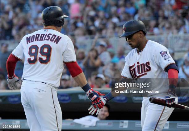 Jorge Polanco of the Minnesota Twins congratulates teammate Logan Morrison on his solo home run against the Baltimore Orioles during the fourth...
