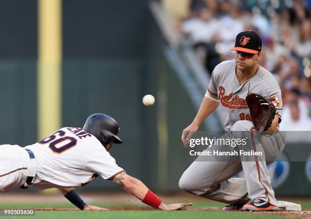 Jake Cave of the Minnesota Twins dives back to first base safely as Chris Davis of the Baltimore Orioles takes the throw during the fourth inning of...