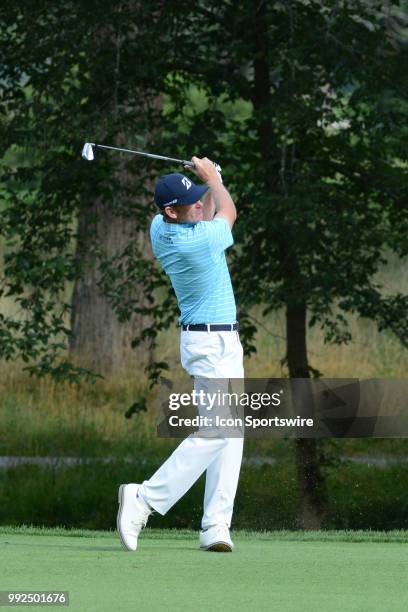Brandt Snedeker hits a aproach shot on the 13th hole during the Military Tribute at the Greenbrier Classic on July 05, 2018 in White Sulphur Springs,...