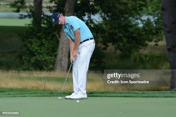 Brandt Snedeker putts on the 13th green during the Military Tribute at the Greenbrier Classic on July 05, 2018 in White Sulphur Springs, WV.