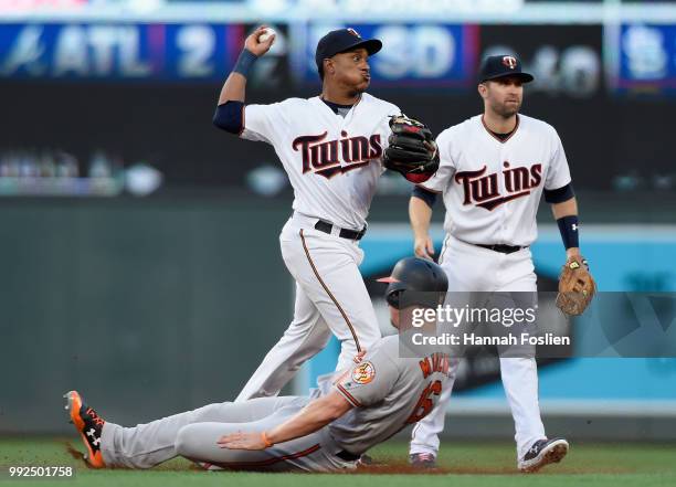 Trey Mancini of the Baltimore Orioles is out at second base as Jorge Polanco of the Minnesota Twins turns a double play and teammate Brian Dozier...