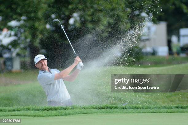 Jimmy Walker hits out of a bunker on the 17th hole during the Military Tribute at the Greenbrier Classic on July 05, 2018 in White Sulphur Springs,...