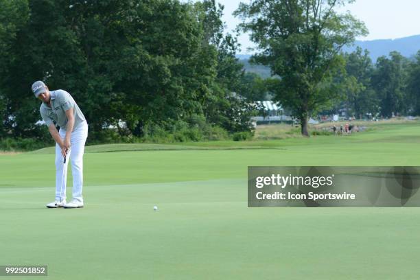 Web Simpson putts for birdie on the 17th green during the Military Tribute at the Greenbrier Classic on July 05, 2018 in White Sulphur Springs, WV.
