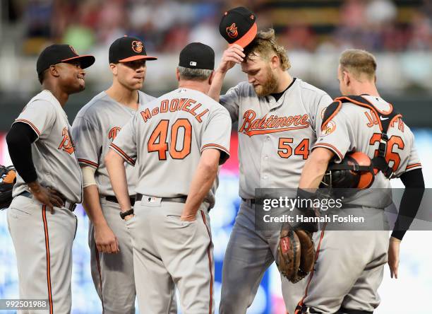 Pitching coach Roger McDowell of the Baltimore Orioles visits pitcher Andrew Cashner and infielders on the mound during the sixth inning of the game...
