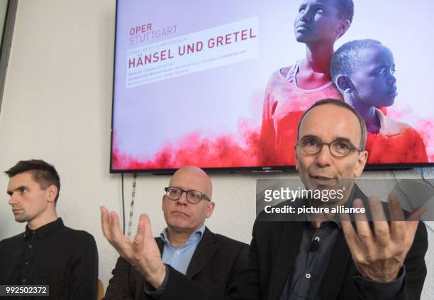 Artistic director of the Stuttgart opera, Jossi Wieler , speaking during a press conference of the opera, beside head dramaturge Sergio Morabito and...