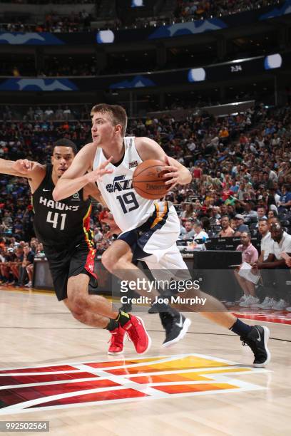 Peyton Aldridge of the Utah Jazz drives to the basket against the Atlanta Hawks on July 5, 2018 at Vivint Smart Home Arena in Salt Lake City, Utah....