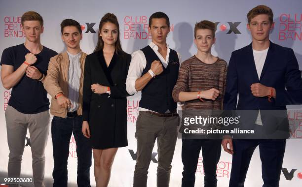 Actors Timur Bartels , Ivo Kortlang, Luise Befort, Tim Oliver Schultz, Nick Julius Schuck and Damian Hardung pose for a group photograph in Cologne,...