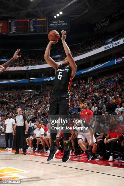 Omari Spellman of the Atlanta Hawks shoots the ball against the Utah Jazz on July 5, 2018 at Vivint Smart Home Arena in Salt Lake City, Utah. NOTE TO...