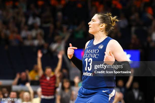 Minnesota Lynx guard Lindsay Whalen celebrates after hitting a 3 point shot in the 3rd quarter during the regular season game between the Los Angeles...