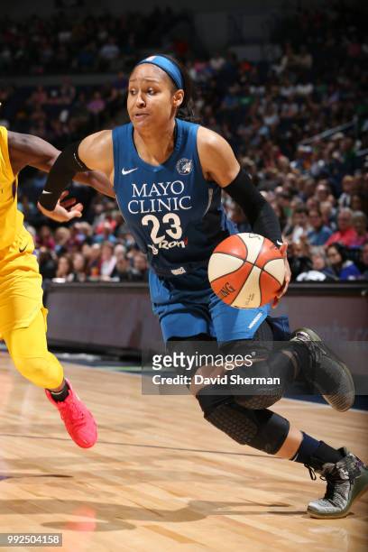 Maya Moore of the Minnesota Lynx handles the ball against the Los Angeles Sparks on July 5, 2018 at Target Center in Minneapolis, Minnesota. NOTE TO...