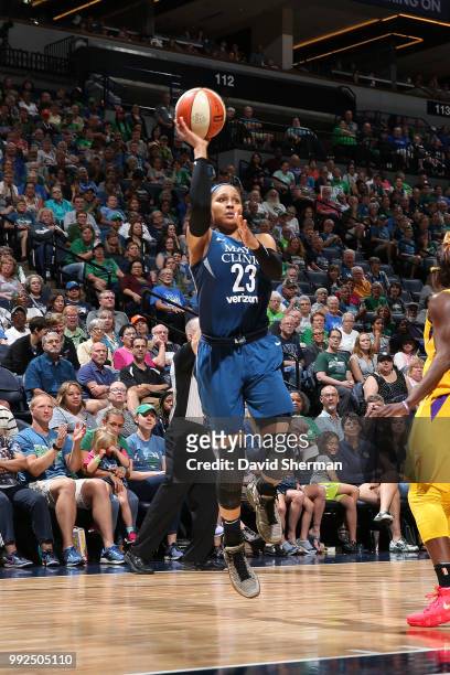 Maya Moore of the Minnesota Lynx shoots the ball against the Los Angeles Sparks on July 5, 2018 at Target Center in Minneapolis, Minnesota. NOTE TO...