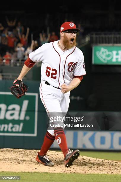 Sean Doolittle of the Washington Nationals celebrates a win over the Miami Marlins at Nationals Park on July 5, 2018 in Washington, DC.