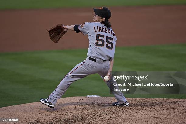 Pitcher Tim Lincecum of the San Francisco Giants pitches during a MLB game against the Florida Marlins in Sun Life Stadium on May 4, 2010 in Miami,...