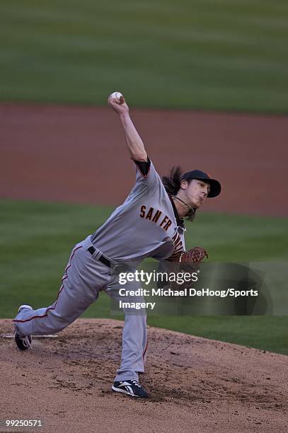 Pitcher Tim Lincecum of the San Francisco Giants pitches during a MLB game against the Florida Marlins in Sun Life Stadium on May 4, 2010 in Miami,...