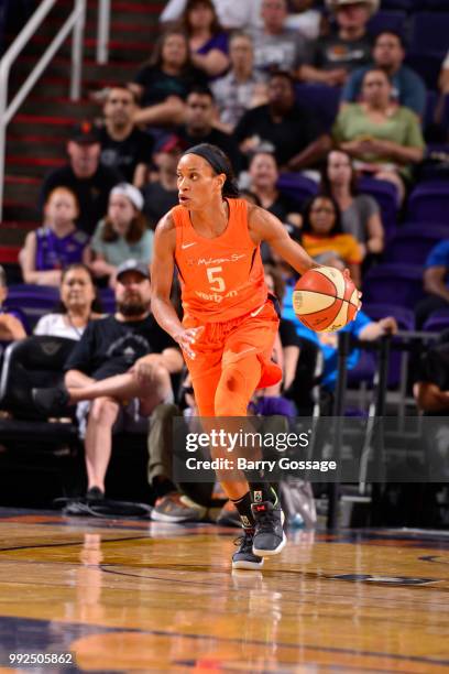 Jasmine Thomas of the Connecticut Sun handles the ball against the Phoenix Mercury on July 5, 2018 at Talking Stick Resort Arena in Phoenix, Arizona....