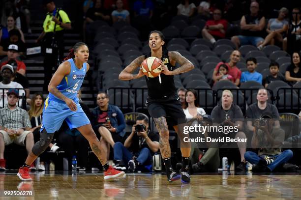 Tamera Young of the Las Vegas Aces looks to pass against the Chicago Sky on July 5, 2018 at the Mandalay Bay Events Center in Las Vegas, Nevada. NOTE...