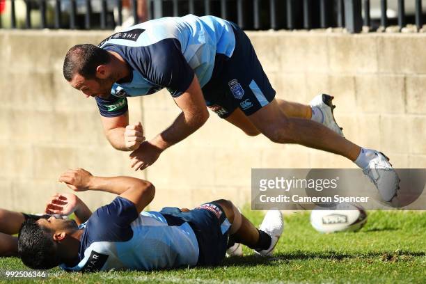 Boyd Cordner of the Blues performs a drill during a New South Wales Blues State of Origin training session at Coogee Oval on July 6, 2018 in Sydney,...